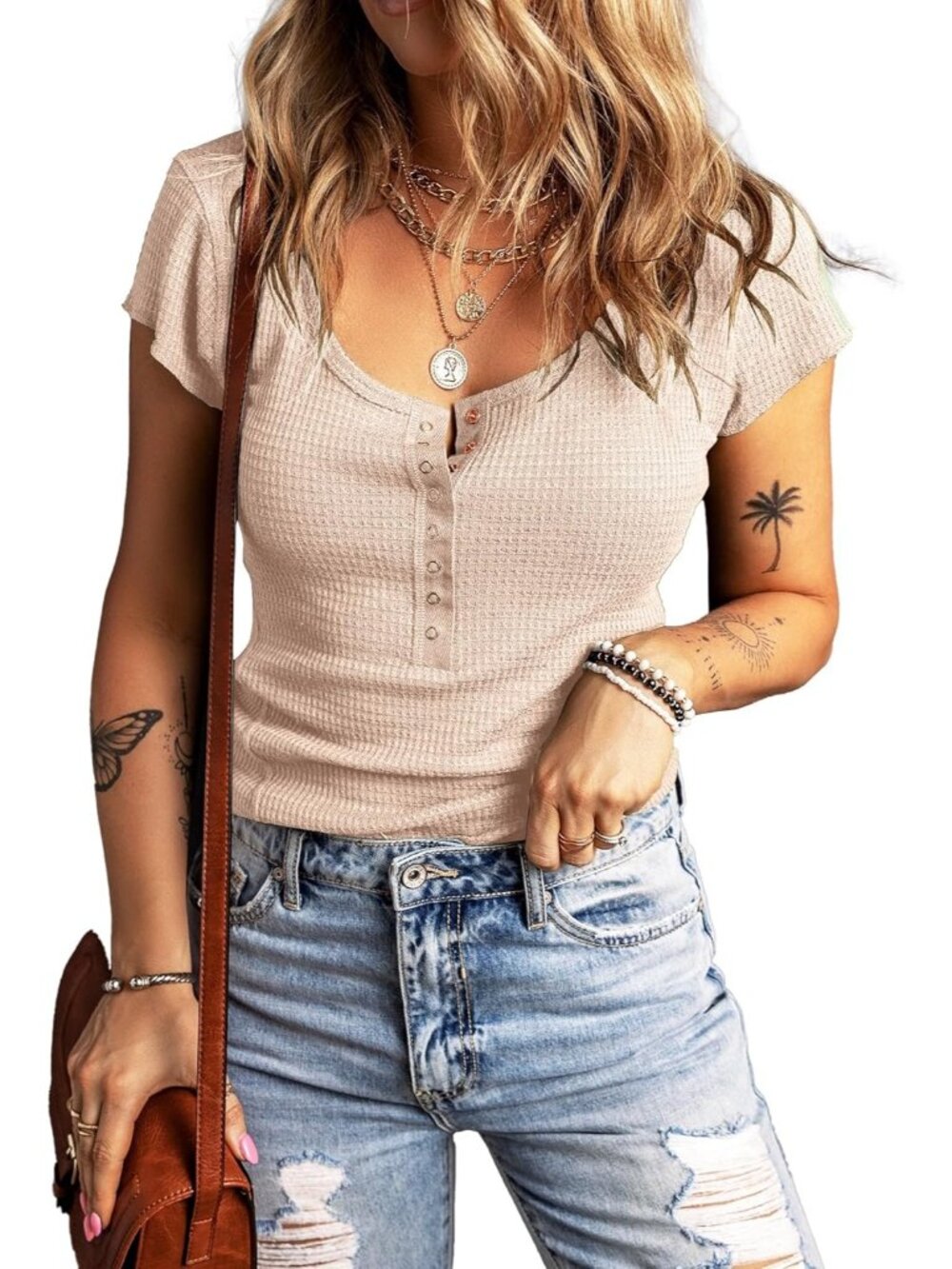 Women's Khaki Short Sleeves Crew Neck Henley Snap Button Down Blouses Shirts